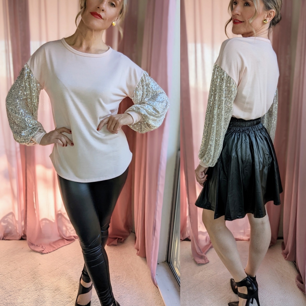 Elegant Pink Top with Silver Sequin Sleeves